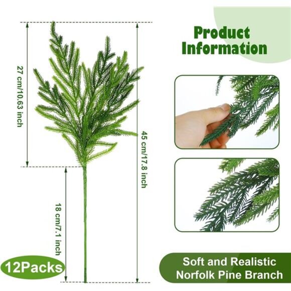 12 Pcs 18 Inch Christmas Norfolk Pine Branches, Artificial Norfolk Branch - Picture 2 of 7